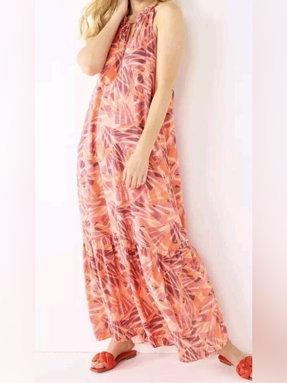 Nine West Large Tropical Sleeveless Halter Maxi Dress Beach Resort Vacation